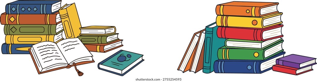 Colorful stack of books and open books illustration, educational and reading concept, EPS vector