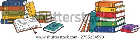 Colorful stack of books and open books illustration, educational and reading concept, EPS vector