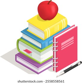 Colorful stack of books topped with a vibrant red apple, accompanied by a spiral notebook and pen, symbolizing the essence of education and the journey of learning