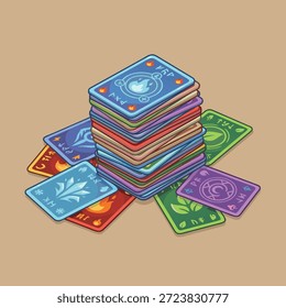 Ein bunter Stapel von Fantasy-Spielkarten mit verschiedenen Symbolen und Designs, einige davon verstreut.