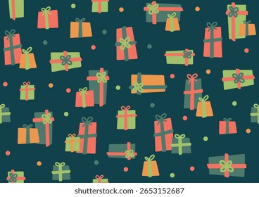 colorful stack gift present seamless pattern texture in green red orange yellow colour doodle hand drawn illustration background textile wrap print christmas greetings card theme decoration ornament
