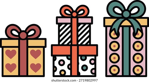 Colorful stacked gift boxes. Assortment of presents with ribbons and unique patterns.