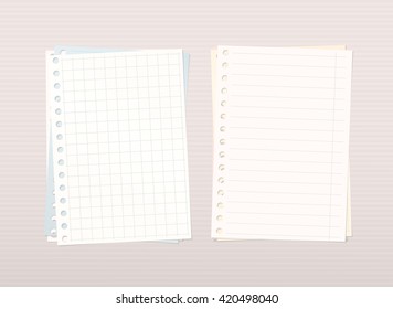 Colorful stacked squared, ruled notebook paper are on pink lined background