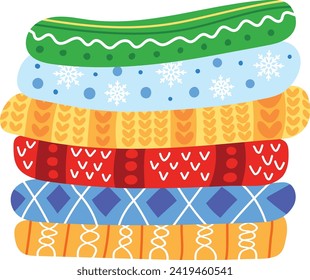 Colorful stacked sweaters with various patterns, cozy winter clothing illustration. Pile of knitwear in red, blue, green, showing seasonal fashion.