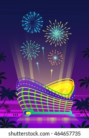 Colorful stadium and fireworks at midnight, Vector illustration.
