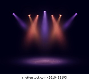 Colorful stage lights with glowing beams and soft shadows on dark background. Perfect for concert visuals, party scenes, nightclub design, or entertainment event backdrops.

