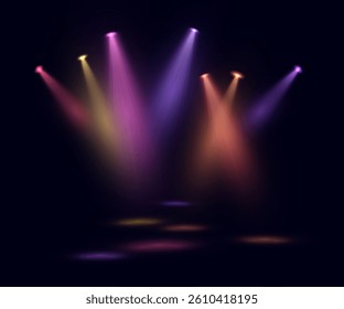 Colorful stage lights with glowing beams and soft shadows on dark background. Perfect for concert visuals, party scenes, nightclub design, or entertainment event backdrops.

