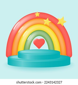 Colorful stage, podium 3d with rainbow, stars and heart for product promotion. Festive studio for advertising goods for children. Vector illustration.