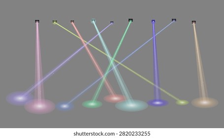 Colorful stage spotlights with glowing light beams, set of multi-colored theater projector rays, neon concert lighting effects for event background