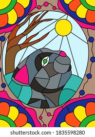 Colorful stained glass with a cute cartoon cat, decorative work of the child