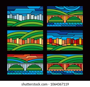 Colorful stained glass. Geometric drawings of the city and the bridge. Vector graphics. Blanks for printing on glass.