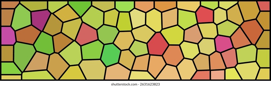Colorful stained glass pattern with irregular polygonal shapes, outlined in black, creating a vibrant mosaic effect.

