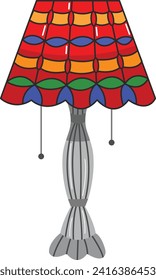 Colorful stained glass style lamp with red, blue, green, orange geometric shapes. Art deco lampshade design with metal base vector illustration.