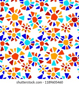 Colorful stained glass triangle shape flowers mosaic geometric seamless pattern, vector