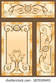Colorful stained glass window in baroque style for ceiling or door panels. Tiffany technique. Abstract glass panels, floral pattern in a rectangular frame. Detailed vector set. 