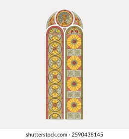 Colorful stained glass window design with geometric patterns. Features circles and floral motifs in red, yellow, and gray. Elegant stained glass art. Vintage art illustration, vector.