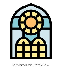 Colorful stained glass window featuring a sun like motif and grid design, adding an artistic touch to any space