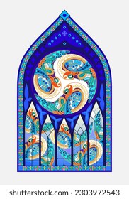 Colorful stained glass window. Gothic architectural style. Beautiful ornament with Celtic symbol and fantasy fairyland fire-birds. Architecture in France. Middle ages in Europe. Vector drawing.