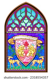 Colorful stained glass window. Gothic architectural style. Beautiful ornament with Celtic family royal coat of arms symbol. Architecture in France. Middle ages in Europe. Vector drawing.