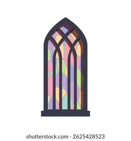Colorful stained glass window with gothic arch design letting light through