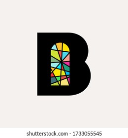 Colorful stained glass window letter B. Logo, emblem or badge with text. Bright glass and color window.