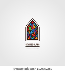 Colorful Stained Glass Window. Logo, Emblem Or Icon With Text. Thick Line Style Flat Style Linear Vector. Architecture, Religious Or Gallery. Bright Stain Glass And Color Window.