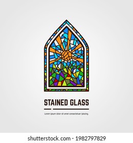 Colorful Stained Glass Window. Logo, Emblem Or Icon With Text. Sun With Rays And Grass. Thick Line Style Flat Style Linear Vector. Architecture, Religious Or Gallery. Bright Stain Glass Color Window.