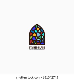Colorful Stained Glass Window. Logo, Emblem Or Icon With Text. Thick Line Style Flat Style Linear Vector. Architecture Or Religious. Bright Glass And Color Window.