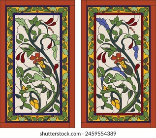 Colorful stained glass window in slavic style for ceiling or door panels. Tiffany technique. Abstract glass panels, floral pattern in a rectangular frame. Detailed vector set