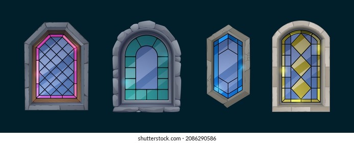 Colorful stained glass windows with stone frame. Vector cartoon set of medieval gothic mosaic windows for interior of catholic cathedral, castle, palace, chapel and antique house