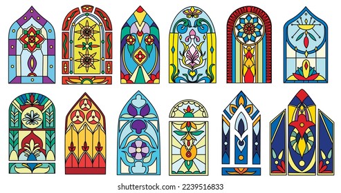 Colorful stained glass windows of vintage church buildings. Cartoon set of colored gothic mosaic decoration for interior of castle, catholic cathedral, antique chapel, religious house or palace.