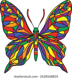 Colorful stained glass-style butterfly illustration with segmented patterns and vivid tones. Perfect for print and decorative projects.