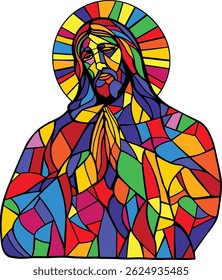 Colorful stained glass-style illustration of Jesus praying, blending Christian symbolism with modern geometric art.