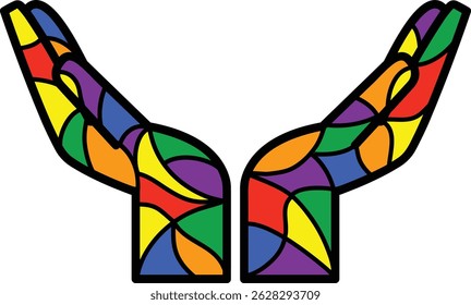 Colorful stained glass-style illustration of open hands, representing a gesture of giving, receiving, and spiritual connection.