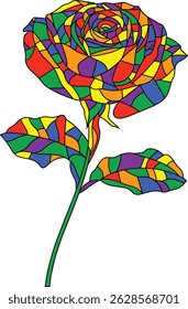 Colorful stained glass-style illustration of a rose with bold outlines and segmented shapes. Ideal for print, design, or decorative use.