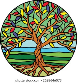 Ilustração colorida em estilo de vidro da Árvore da Vida, representando crescimento, equilíbrio e conexão espiritual.