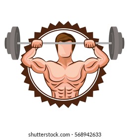 colorful stamp border with muscle man lifting a disc weights