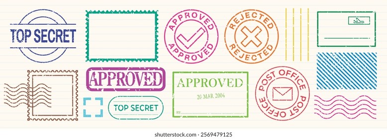 Colorful stamp collection with 'approved,' 'rejected,' and 'top secret' labels. Includes postal and office stamps in various shapes and colors. Colorful stamps, element vector set