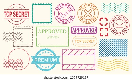 Colorful stamp collection with 'Approved,' 'Rejected,' 'Top Secret,' and 'Premium' labels. Includes postal and decorative stamps in various shapes. Colorful stamps, vector set.