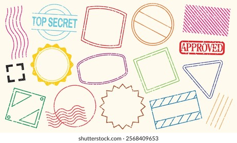 Colorful stamp collection with various shapes like circles, squares, and triangles. Stamps include 'Top Secret' and 'Approved' labels. Stamp shapes and labels. Colorful stamps, element vector set