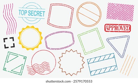 Colorful stamp collection with various shapes: circles, squares, triangles. Stamps include 'Top Secret' and 'Approved'. Vibrant stamp designs for creative projects. Colorful stamps, element vector set