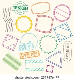 Colorful stamp collection with various shapes: circles, triangles, rectangles. Includes 'Top Secret' and 'Approved' stamps. Stamps in vibrant colors. Colorful stamps, element vector set