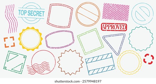 Colorful stamp designs with various shapes like circles, squares, and triangles. Stamps include 'Top Secret' and 'Approved' labels. Vibrant stamp collection. Colorful stamps, element vector set