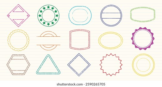 Colorful stamp designs in various shapes: circles, squares, triangles. Stamps in red, blue, green, and yellow. Perfect for creative projects and designs. Colorful stamps, element vector set