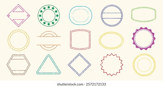 Colorful stamp shapes, including circles, squares, and triangles. Each stamp is unique, with vibrant colors and diverse designs. Stamp shapes for creative projects. Colorful stamps, element vector set