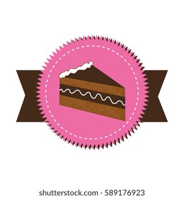 colorful stamp sticker with piece of cake with cream and ribbon
