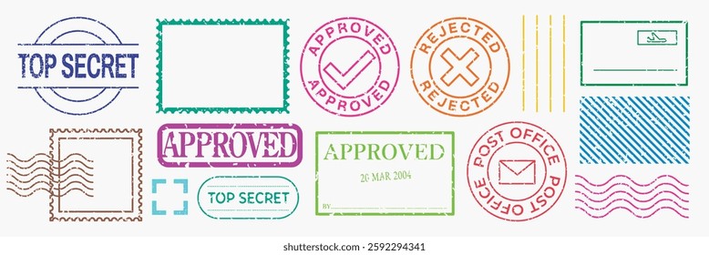 Colorful stamps with 'Approved,' 'Rejected,' 'Top Secret,' and postal designs. Stamps include postal, approved, and rejected themes in vibrant colors. Colorful stamps, element vector set