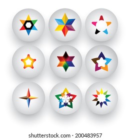 colorful star, christmas & navidad, rating, 3d badge vector icons. This graphic also represents buttons with different types of stars, flowers, geometric patterns & shapes