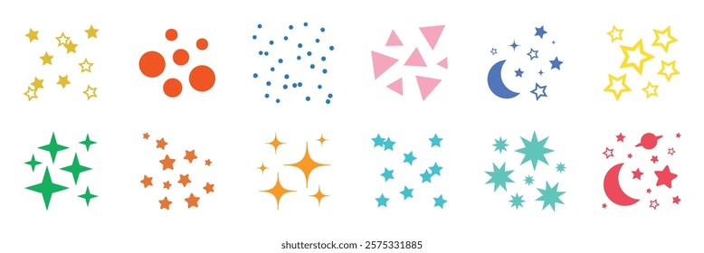 Colorful star, circle, triangle, and moon icons. Stars, circles, triangles, and moons in various colors. Bright stars, circles, triangles, and moons. Sparkles element vector set.
