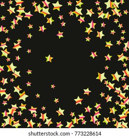 Colorful star falling Pattern. Rainbow colors. Isolated pattern.Black background. Astral Design. Chaotic Decor. Modern Creative Starlight Style. Vector illustration for celebration,holiday, invitation